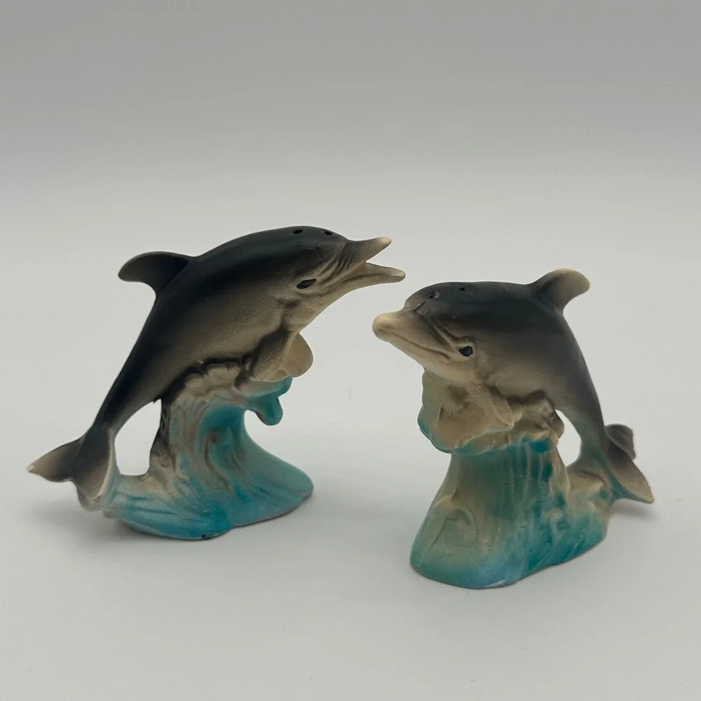 Vintage Dolphin Salt and Pepper Shakers Set Grey Blue Ocean Waves Decor